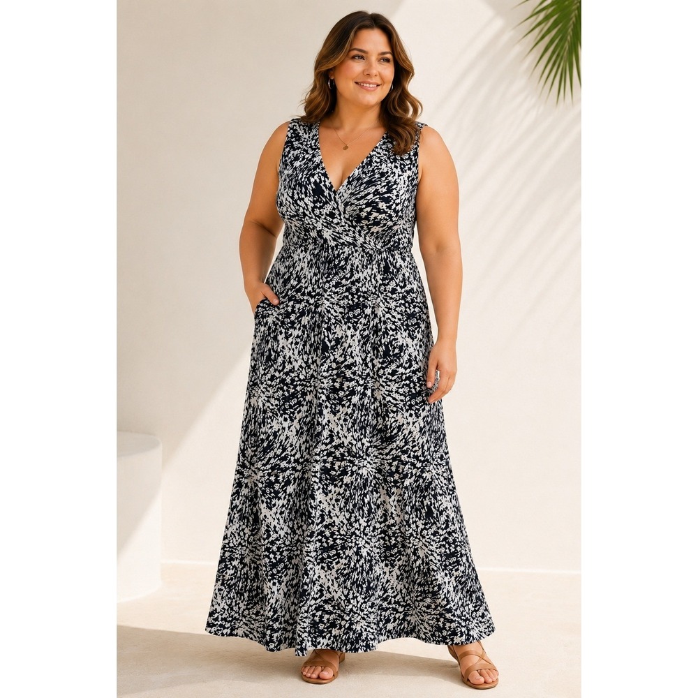 Susan Lawrence Maxi Dress 3X Navy White Faux Wrap Stretch Plus Resort Cruise